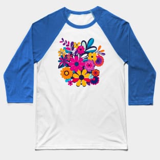 A design featuring a vibrant bouquet of colorful flowers, inspired by the flower power movement of the 1960s. Baseball T-Shirt